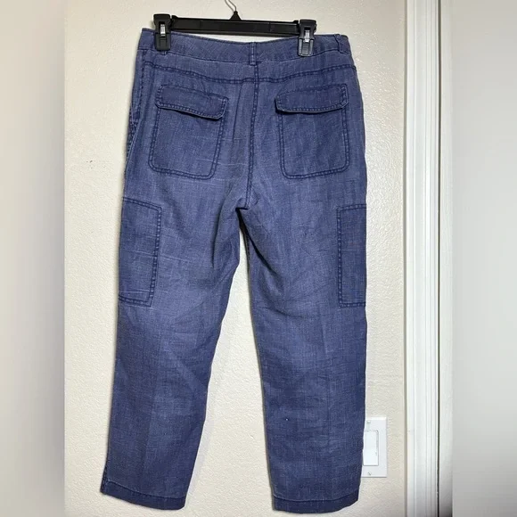 Tommy Bahama Blue Washed Linen Cargo Cropped Pants. Front, Back Pockets, Zipper - Picture 10 of 11